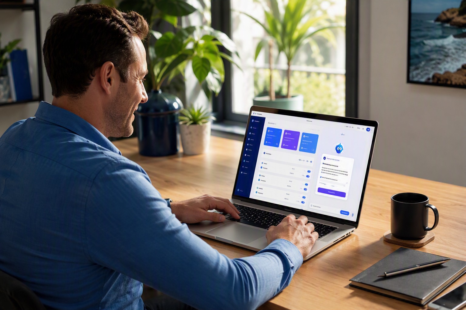 A professional completing a self-paced, browser-based AI course on a laptop using a friendly visual no-code interface