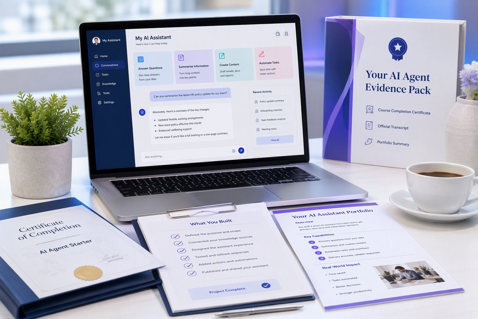 A no-code AI assistant shown with a completion certificate, checklist, portfolio summary, and Evidence Pack documents